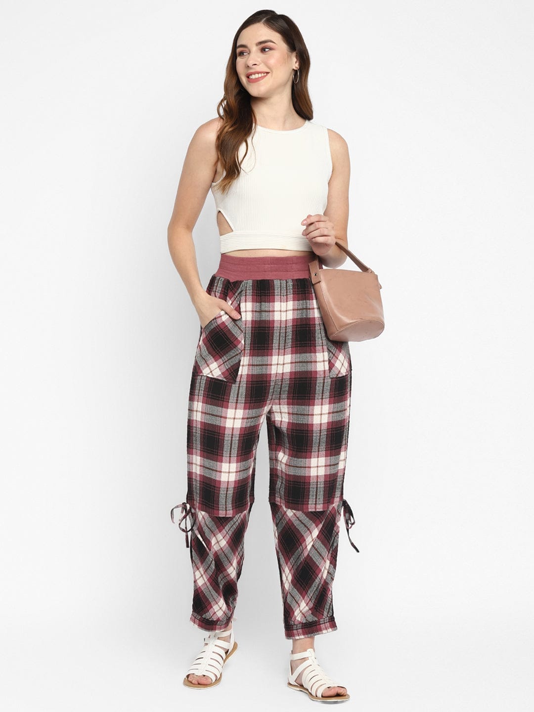 Taurus |Pink Plaid Checks Yarn Dyed Woven Joggers –