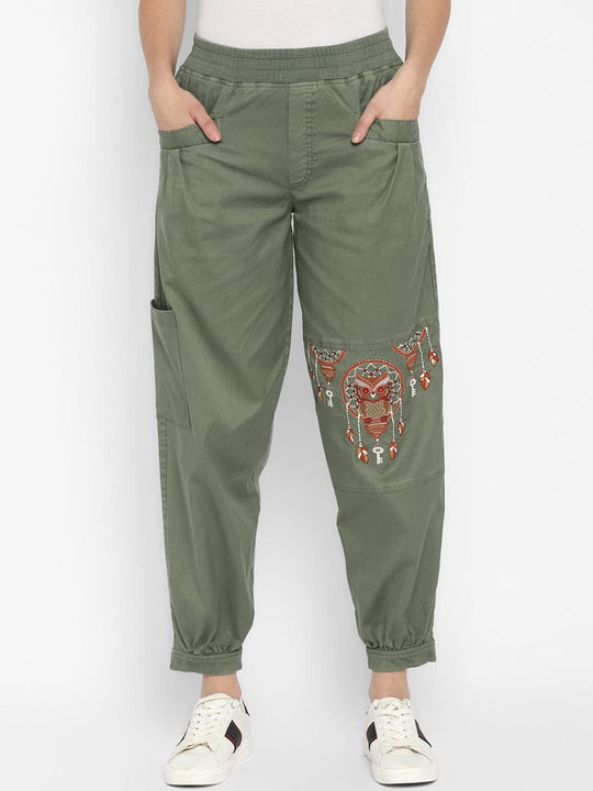 Teal Embroidered Yarn Dyed Woven Cargo Pants