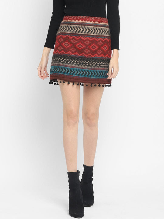 Red Geometric Jacquard Mini Skirt