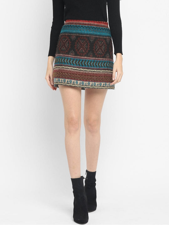 Turquoise Geometric Jacquard Mini Skirt