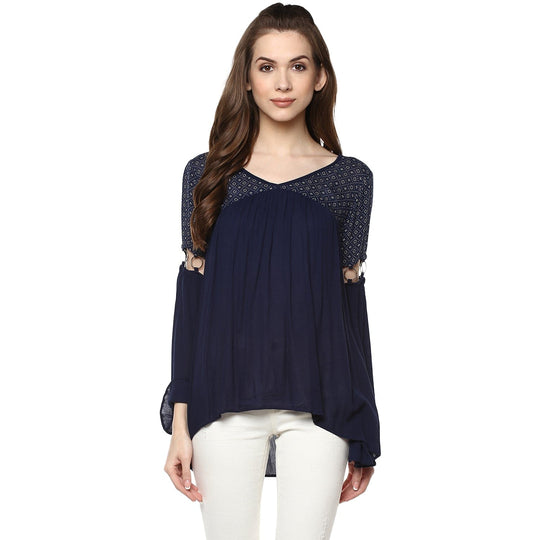 Blue Solid Rayon Crepe Top