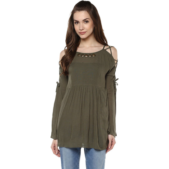 Green Solid Rayon Crepe Top