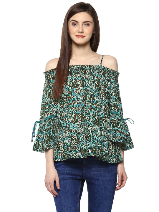 Turquoise Printed Rayon Crepe Top
