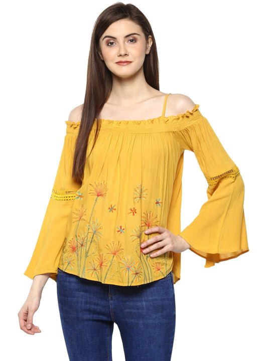 Mustard Solid Rayon Crepe Top