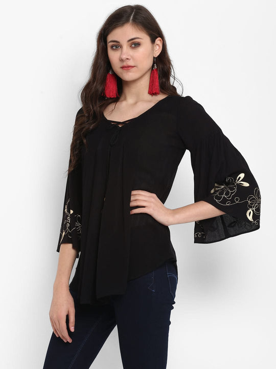 Black Solid Rayon Crepe Top