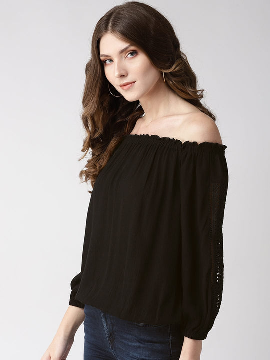 Black Solid Rayon Crepe Top