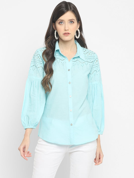 MINT BLUE Embroidered Schiffli Shirt