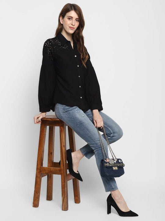 Black Embroidered Schiffli Shirt