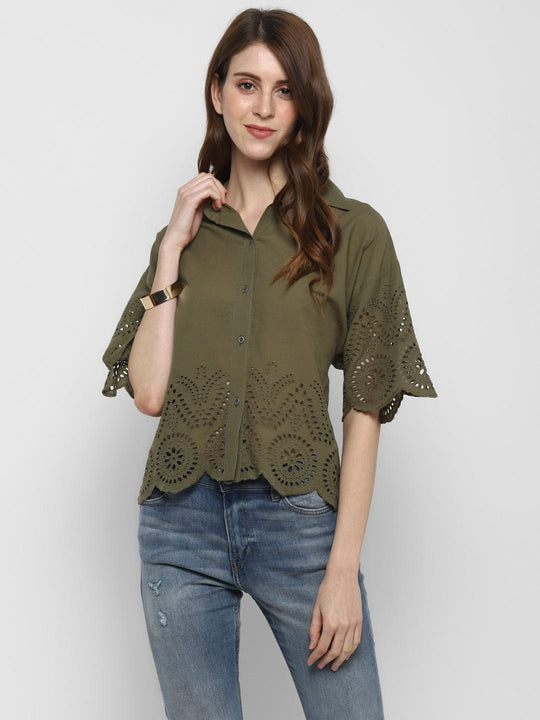 Olive Green Embroidered Schiffli Shirt