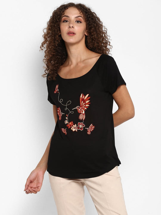 Black Embroidered Jersey Knit T-Shirt