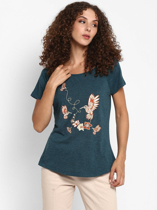 Teal Embroidered Jersey Knit T-Shirt