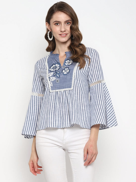 Blue Embroidered Cambric Top