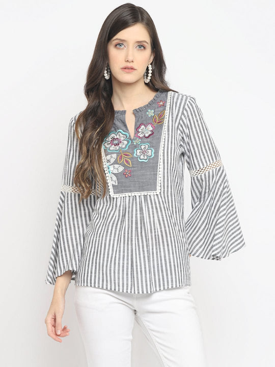 Grey Embroidered Cambric Top