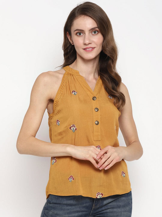 Mustard Embroidered Rayon Crepe Top