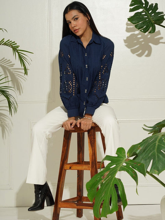 Navy Blue Embroidered Schiffli Shirt