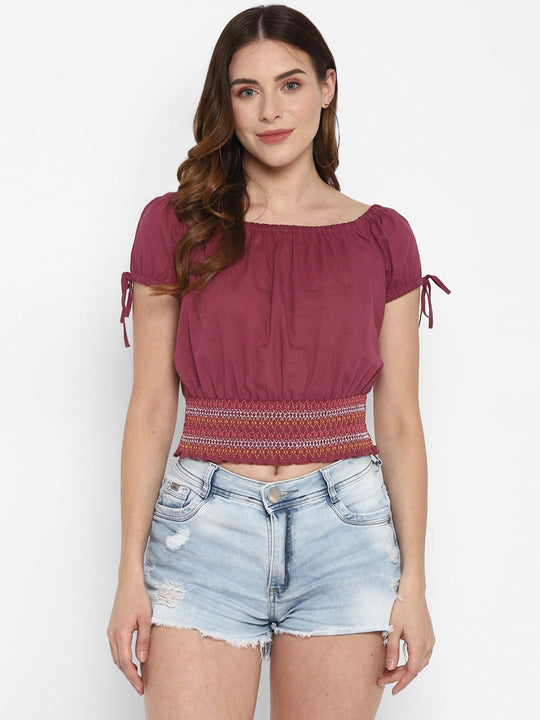 Wine Textured Cambric Crop Top
