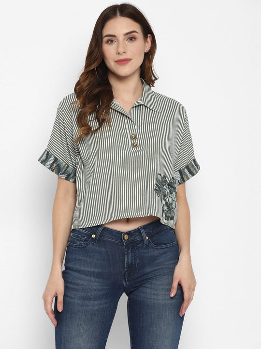Olive Green Printed Cambric Crop Top