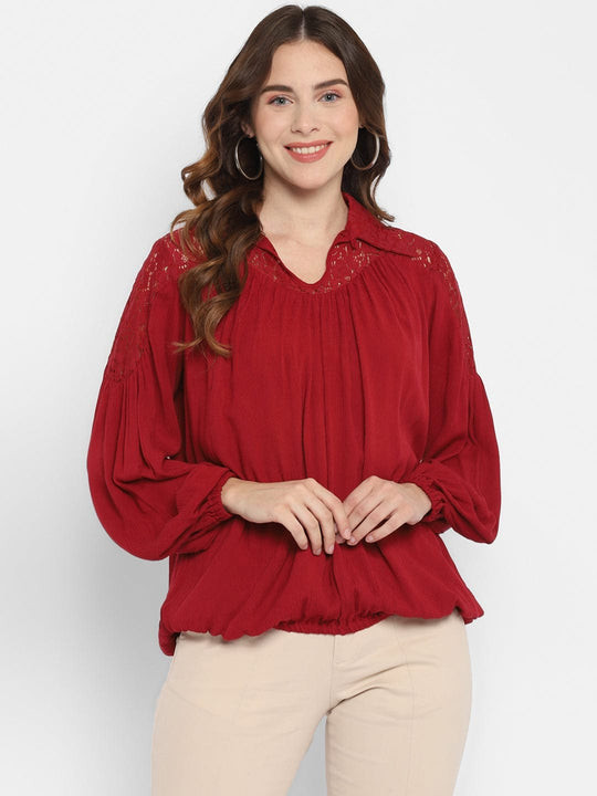 Red Solid Rayon Crepe Blouse