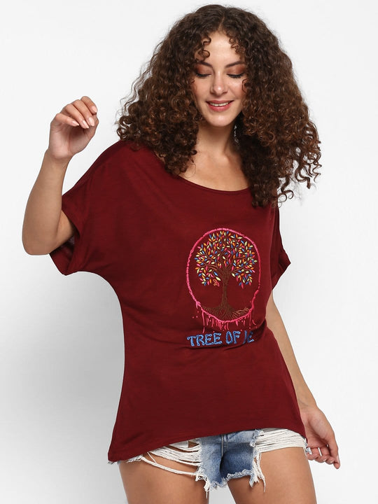 Maroon Embroidered Jersey Knit T-Shirt