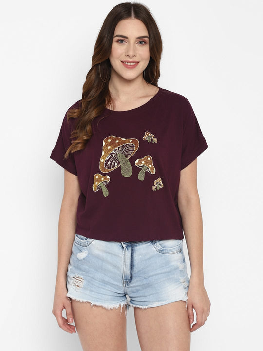 Wine Embroidered Jersey Knit Crop Top