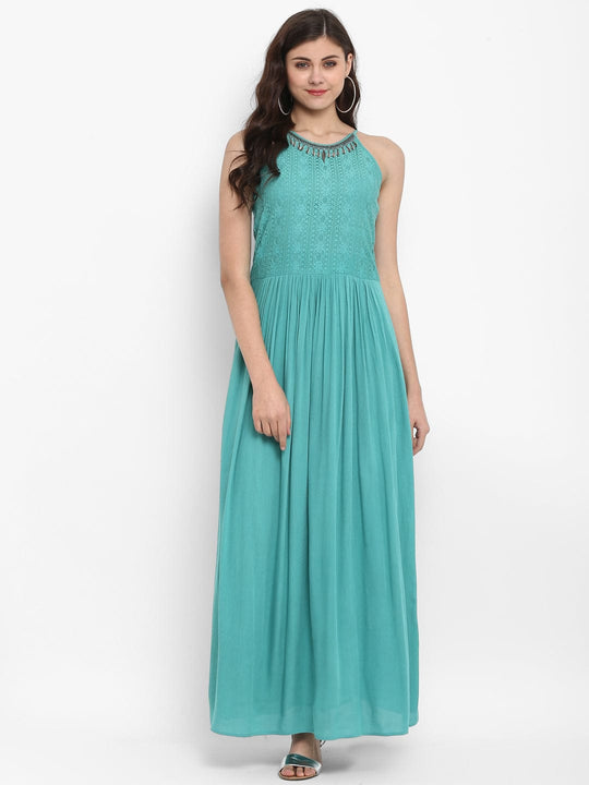 Mint Blue Solid Rayon Crepe Maxi Dress