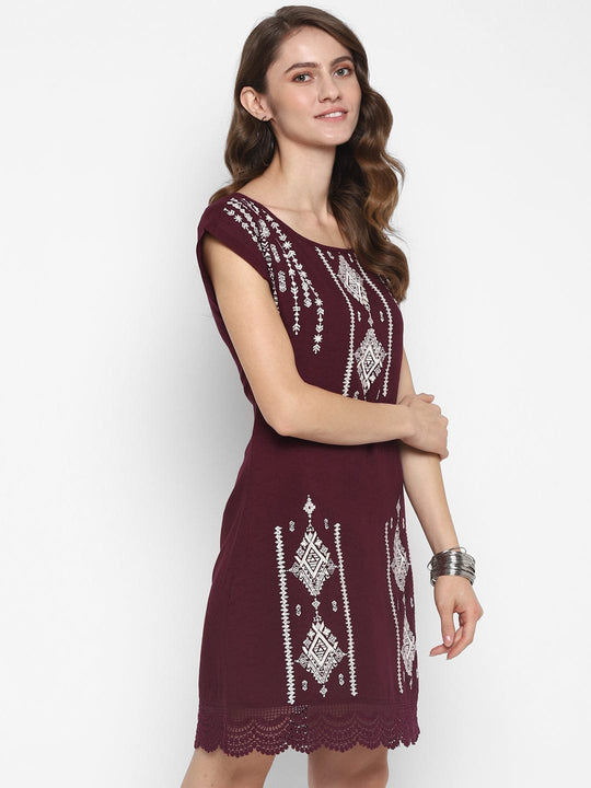 Maroon Embroidered Rayon Shift Dress