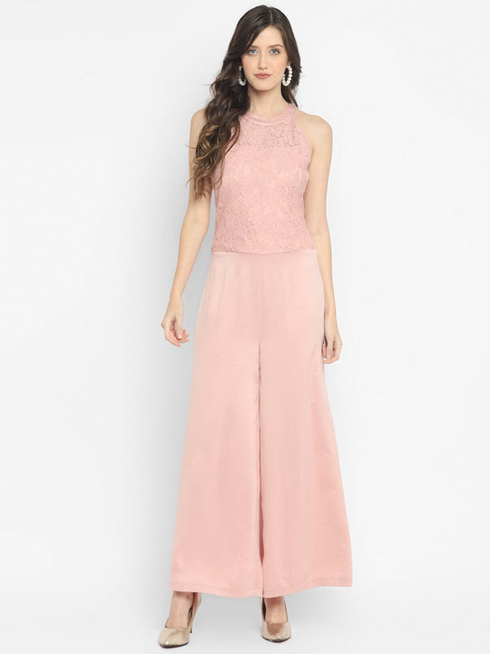 Pink Lace Inserts Satin Jumpsuit