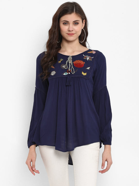 Blue Solid Rayon Crepe Top