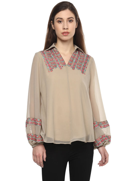 Beige Solid Georgette Top