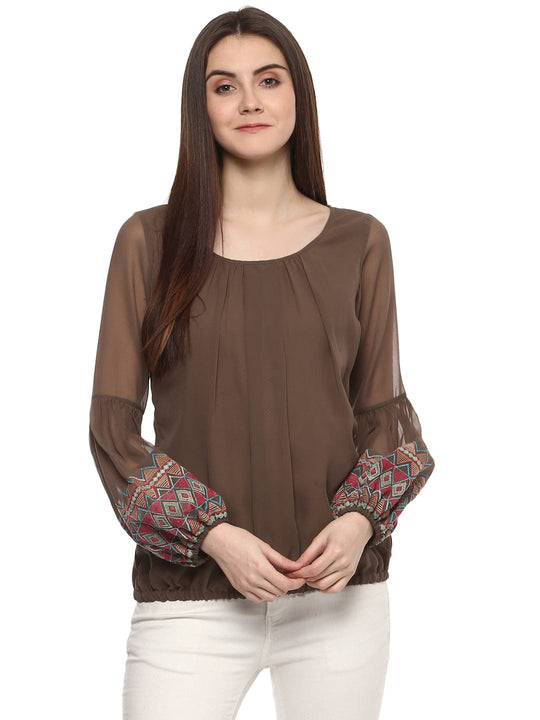 Brown Solid Georgette Blouse