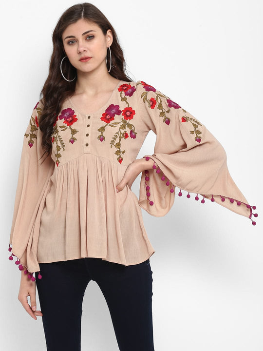 Beige Solid Rayon Crepe Top