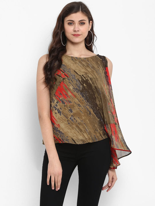 Olive Green Printed Georgette Top