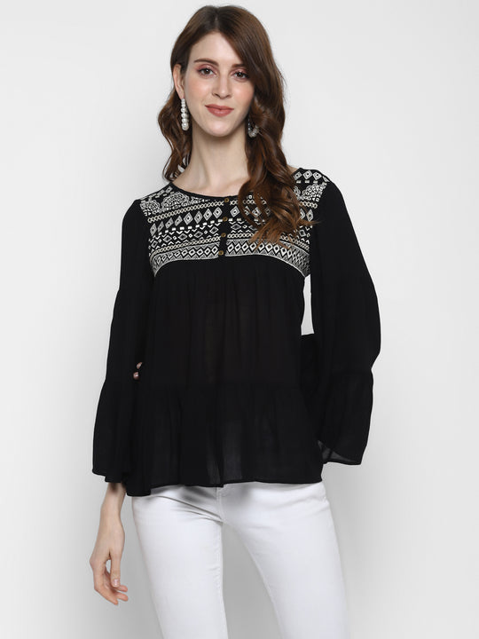 Black Solid Rayon Crepe Top