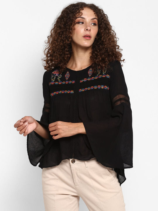 Black Embroidered Rayon Crepe Top