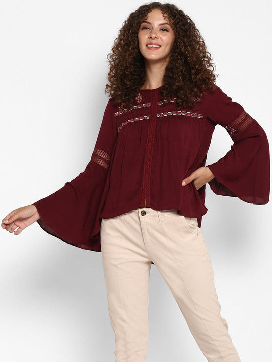 Wine Embroidered Rayon Crepe Top