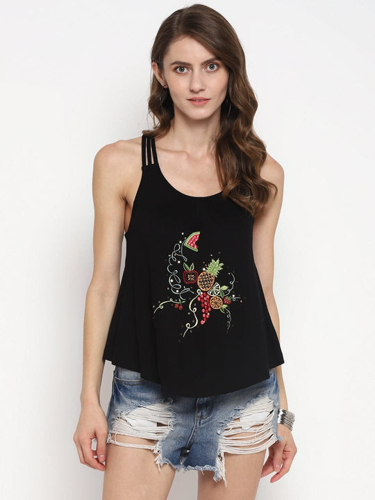 Black Embroidered Jersey Knit Top