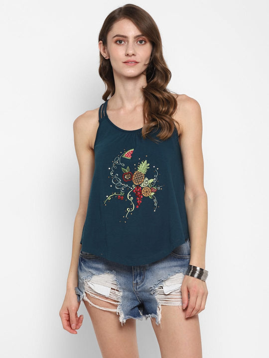 Teal Embroidered Jersey Knit Top