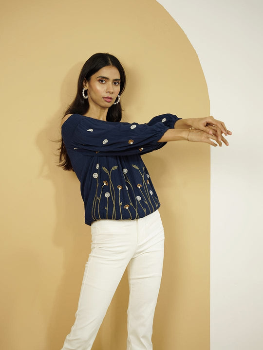 Blue Embroidered Rayon Crepe Top