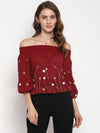 Red Embroidered Rayon Crepe Top
