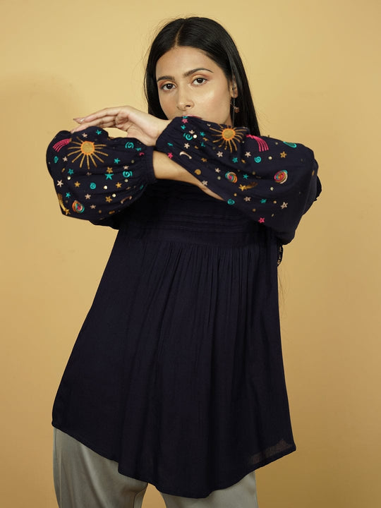 Blue Embroidered Rayon Top