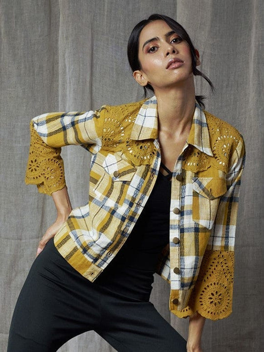 Yellow Plaid Checks Yarn Dyed Cotton Jacket