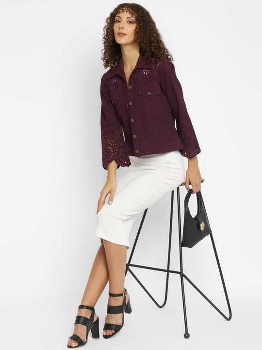 Wine Embroidered Schiffli Jacket