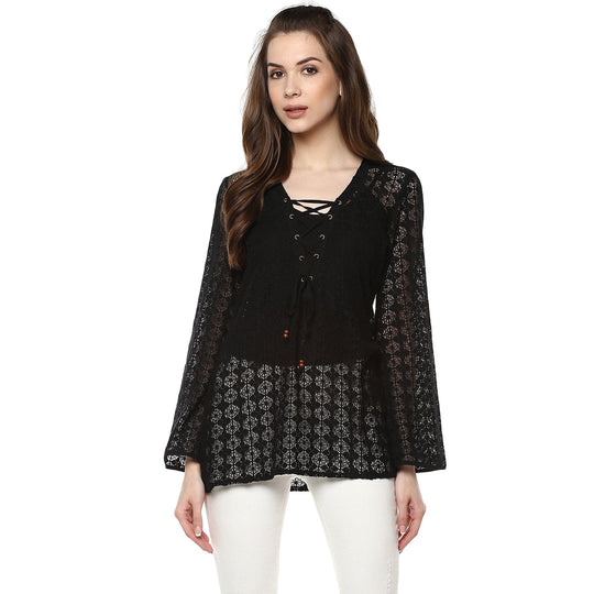 Black Solid Crochet Top