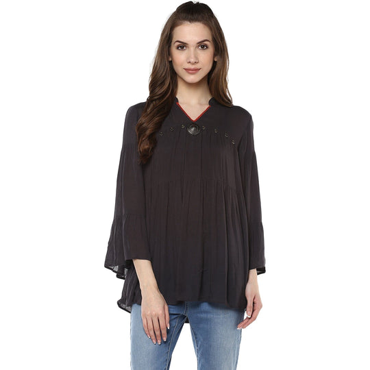 Grey Solid Rayon Crepe Top