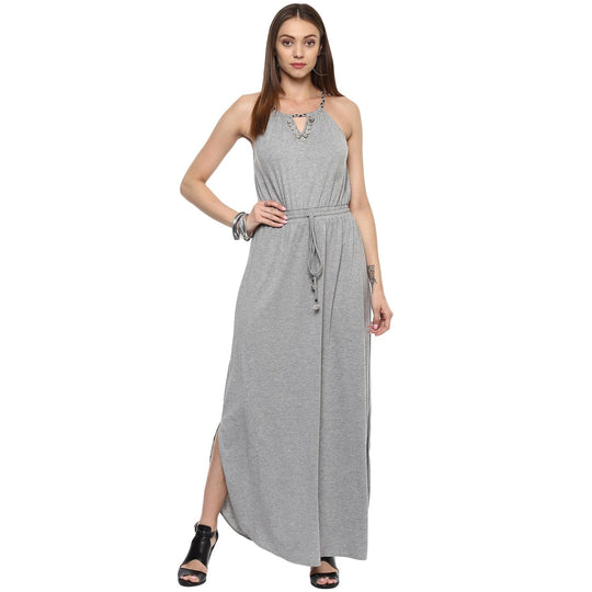 Grey Solid Jersey Knit Maxi Dress