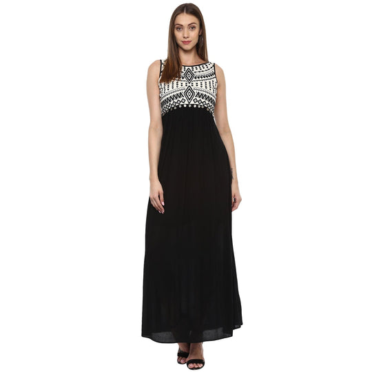 Ivory & Black Solid Rayon Crepe Maxi Dress