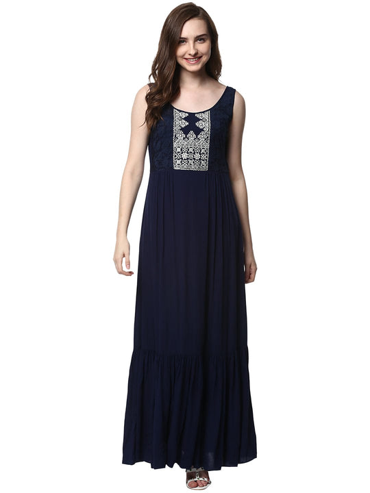Blue Solid Rayon Crepe Maxi Dress