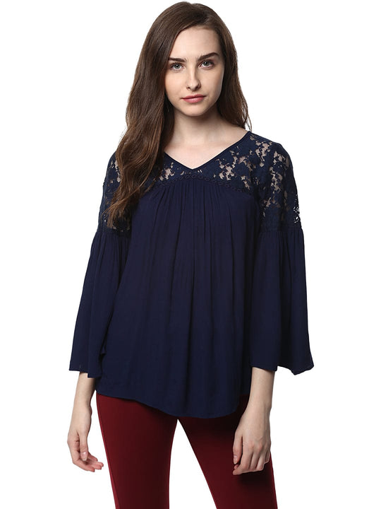 Blue Solid Rayon Crepe Top
